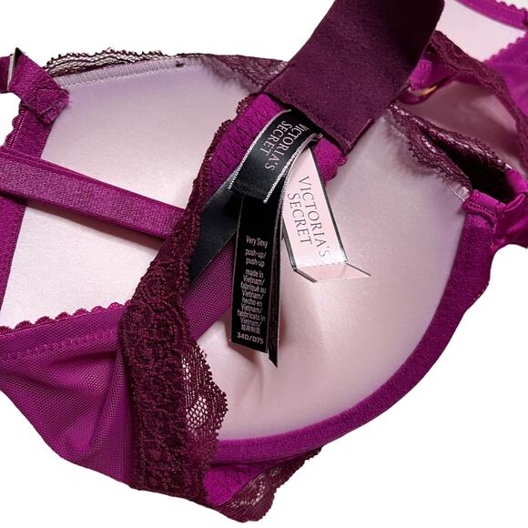 Victoria's Secret Very Sexy Plunge Lace Trim Bra Raspberry Cooler Size 34D - Picture 3 of 3